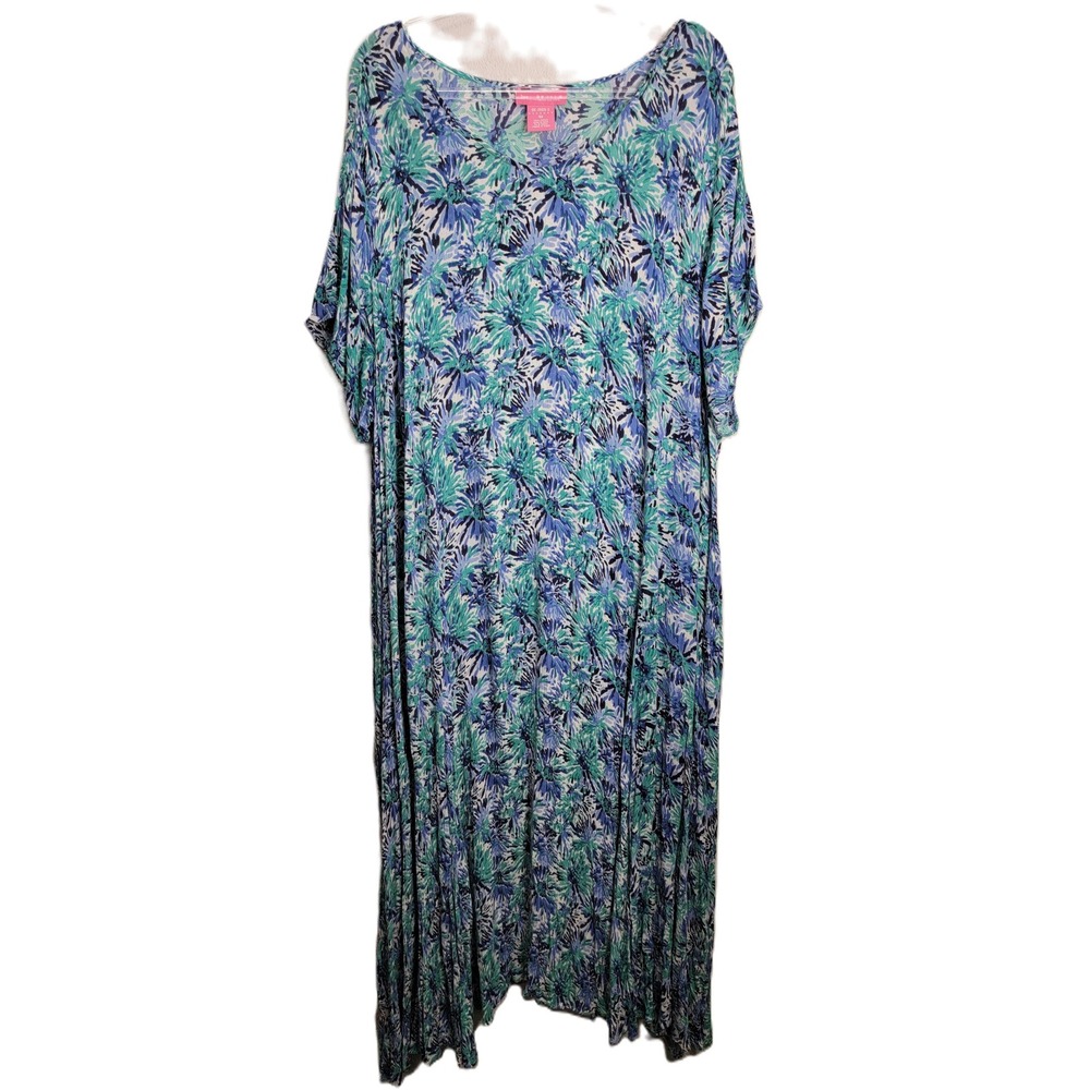 Woman Within 4X Blue Green Floral Rayon Maxi Kaftan Dress Lightweight Pullover